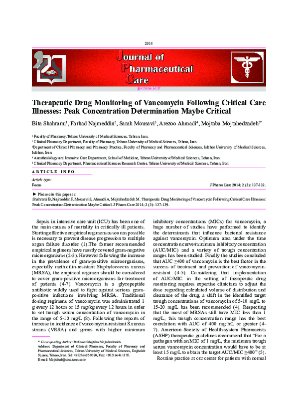 (PDF) Therapeutic Drug Monitoring of Vancomycin Following Critical Care ...