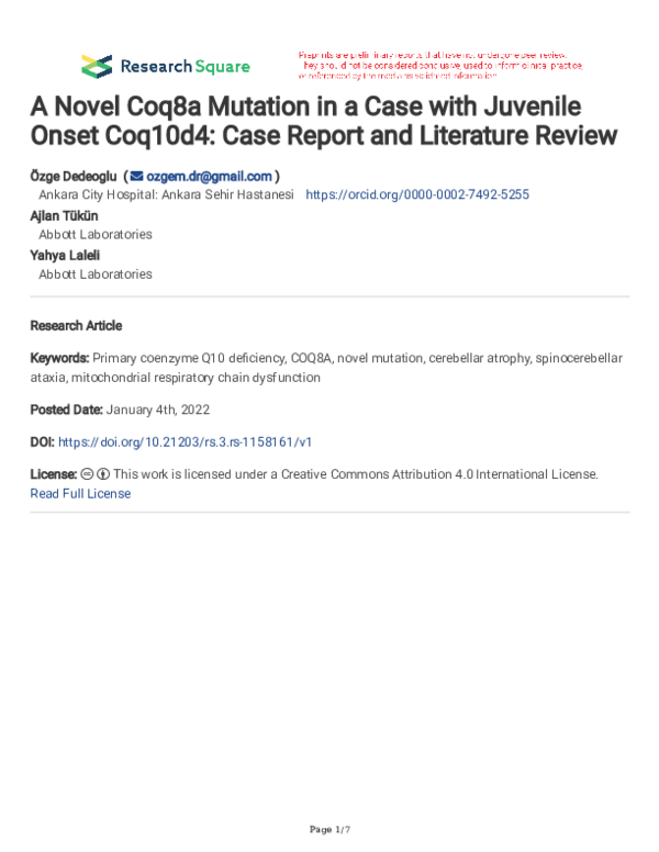 (PDF) A Novel Coq8a Mutation in a Case with Juvenile Onset Coq10d4 ...