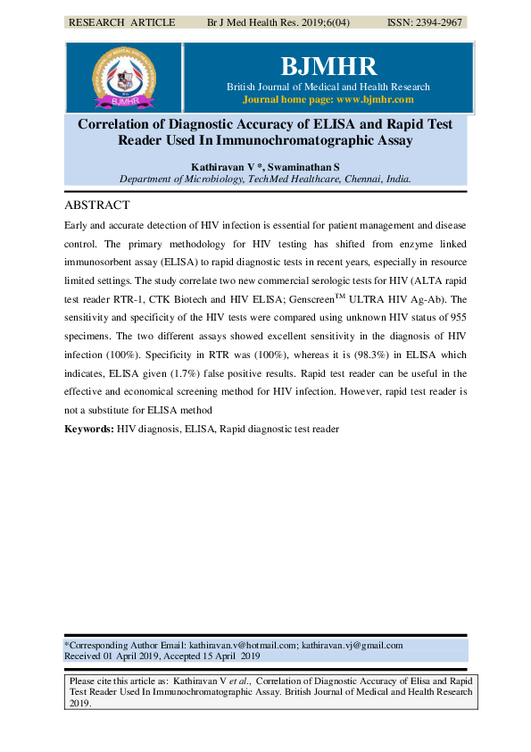 (PDF) Correlation of diagnostic accuracy of ELISA and Rapid Test Reader ...