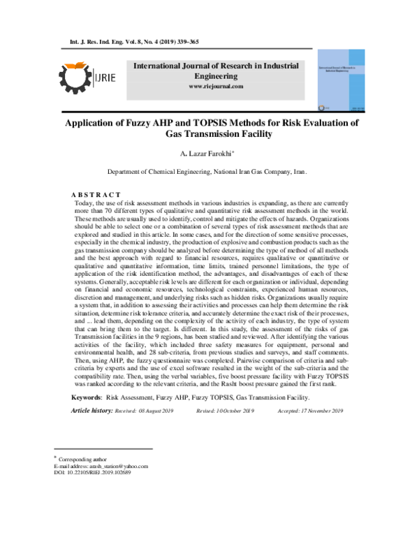 (PDF) Application of fuzzy AHP and TOPSIS methods for risk evaluation ...