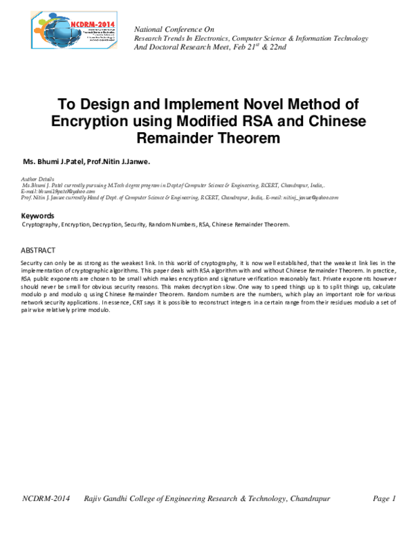 (PDF) Novel Method of Encryption using Modified RSA and Chinese ...
