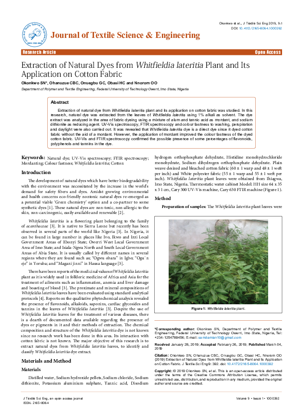 (PDF) Extraction of Natural Dyes from Whitfieldia lateritia Plant and ...