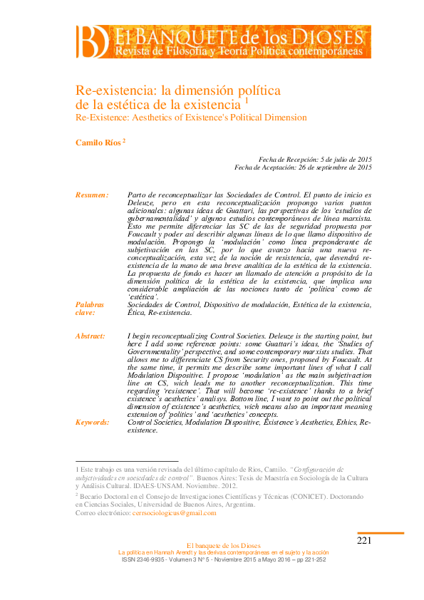 (PDF) Re-existencia: la dimensión política de la estética de la existencia