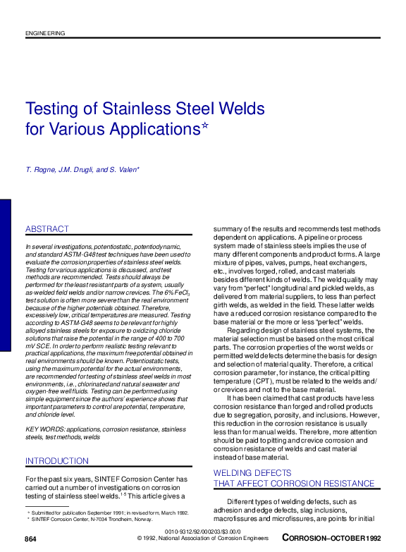 (PDF) Testing of Stainless Steel Welds for Various Applications