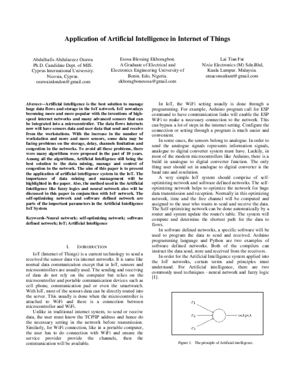 (PDF) Application of artificial intelligence in Internet of Things