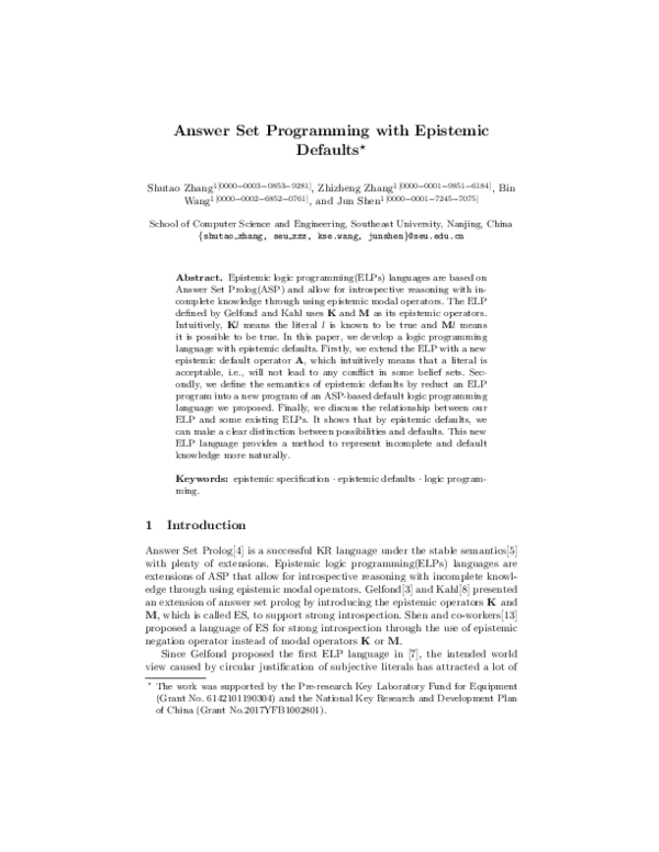 (PDF) Answer Set Programming with Epistemic Defaults