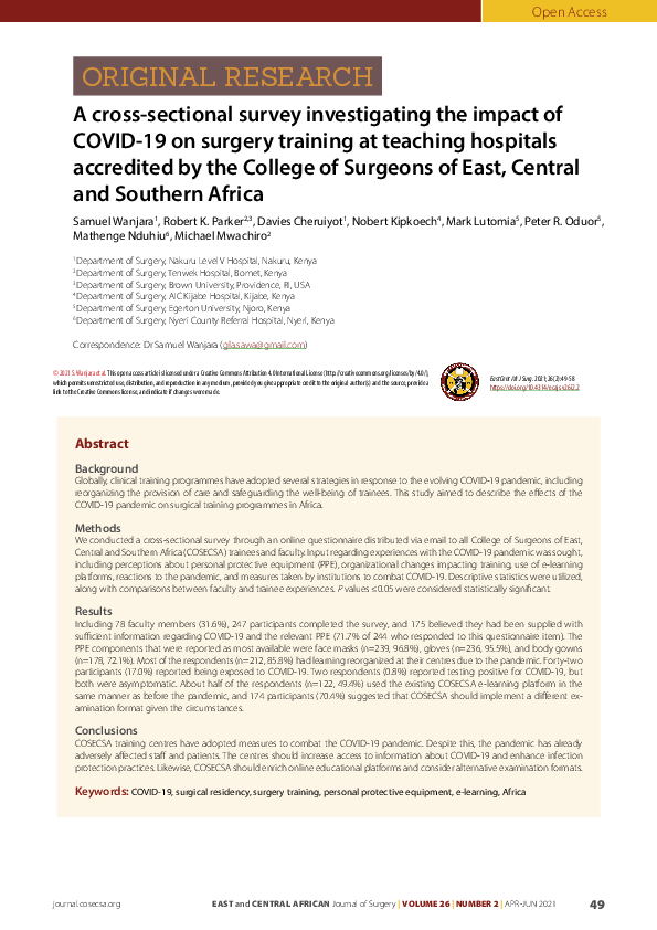 (PDF) A cross-sectional survey investigating the impact of COVID-19 on ...