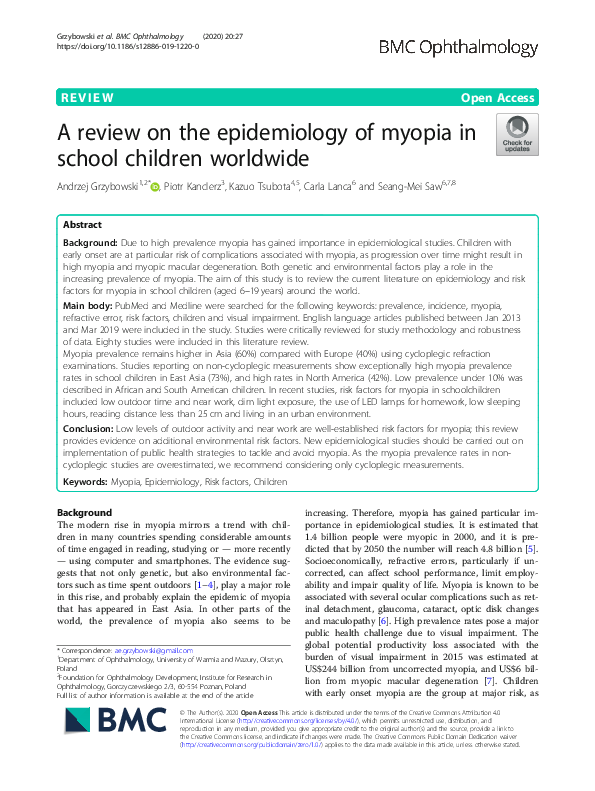 (PDF) The epidemiology of myopia in school children worldwide | Carla ...