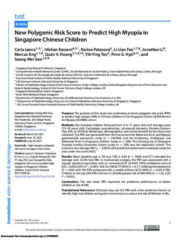 (PDF) New Polygenic Risk Score to Predict High Myopia in Singapore ...