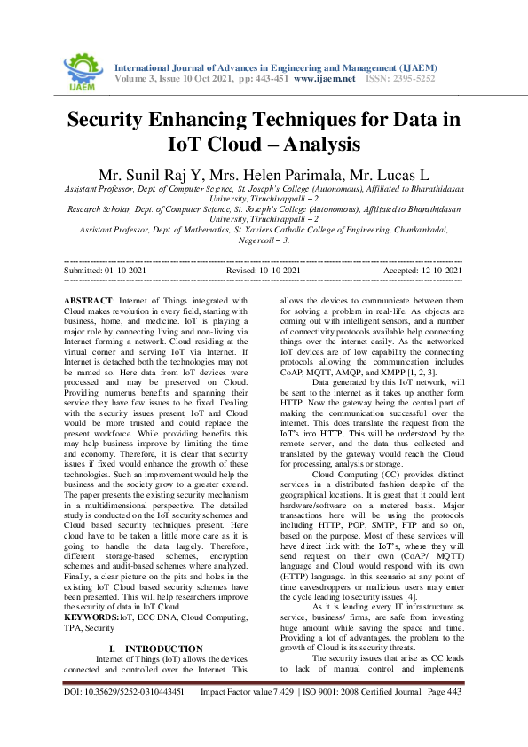 (PDF) Security Enhancing Techniques for Data in IoT Cloud – Analysis