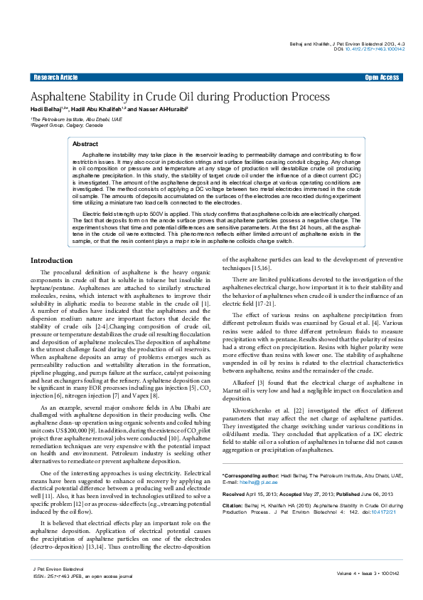 (PDF) Asphaltene Stability in Crude Oil during Production Process