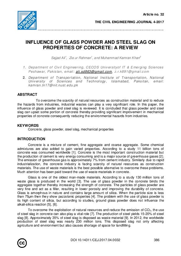 (PDF) Influence of Glass Powder and Steel Slag on Properties of ...