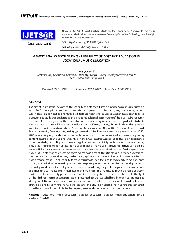 (PDF) A SWOT ANALYSIS STUDY ON THE USABILITY OF DISTANCE EDUCATION IN ...