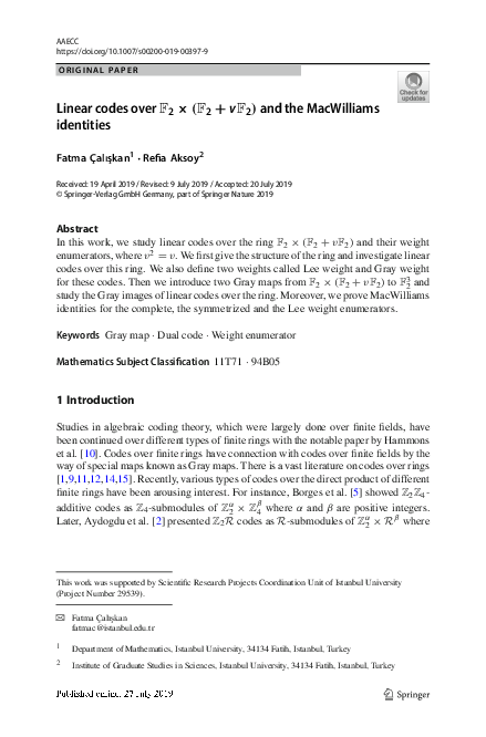 (PDF) Linear codes over $$\\mathbb {F}_2 \\times (\\mathbb {F}_2+v ...