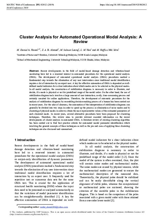(PDF) Cluster Analysis for Automated Operational Modal Analysis: A Review