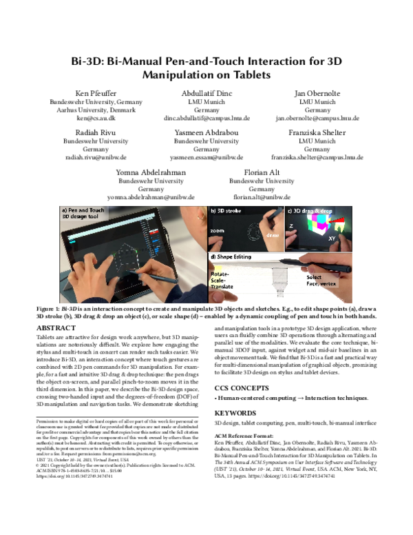 (PDF) Bi-3D: Bi-Manual Pen-and-Touch Interaction for 3D Manipulation on ...