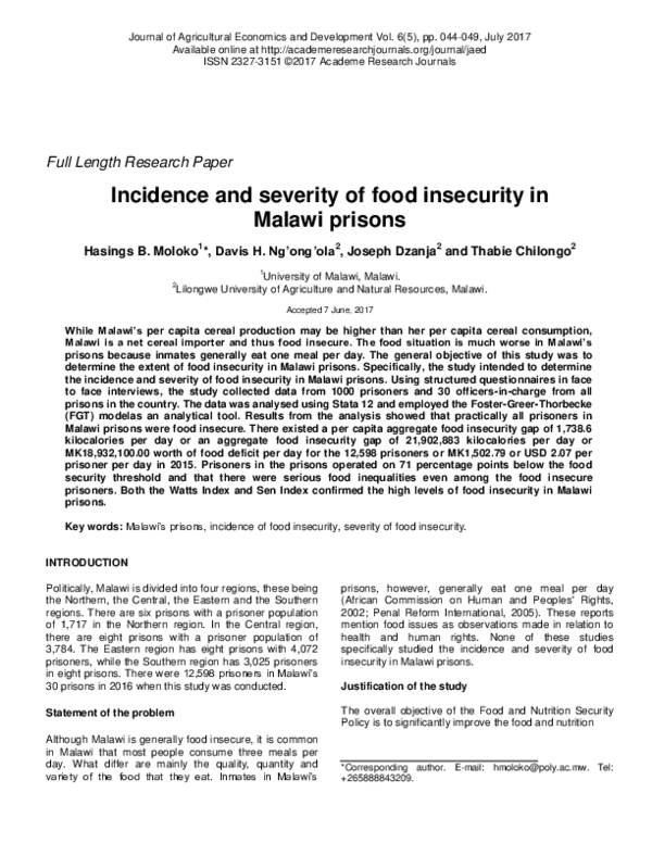 (PDF) Incidence and severity of food insecurity in Malawi prisons