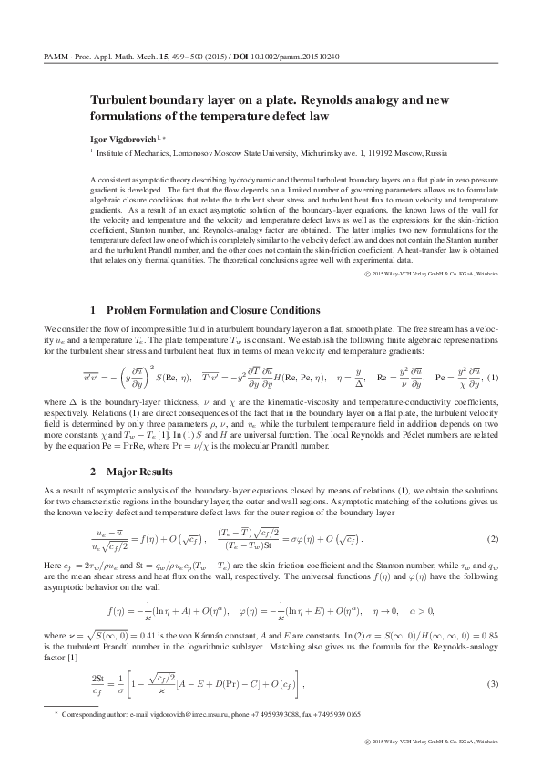 (PDF) Turbulent boundary layer on a plate. Reynolds analogy and new ...