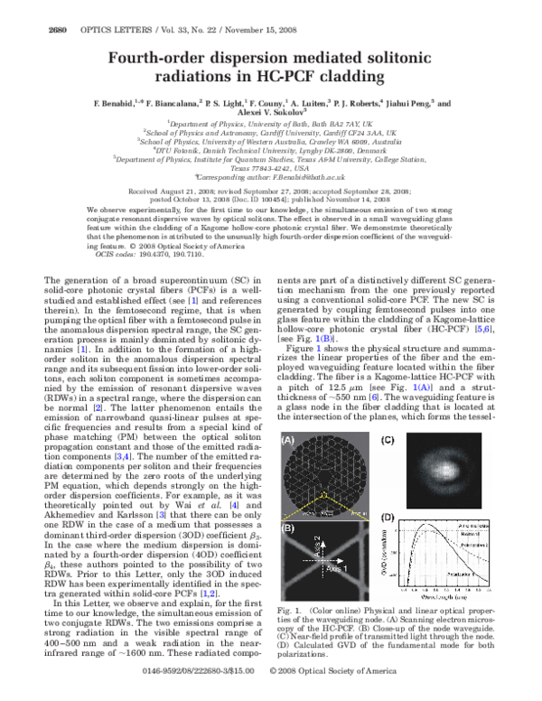 (PDF) Fourth-order dispersion mediated solitonic radiations in HC-PCF ...