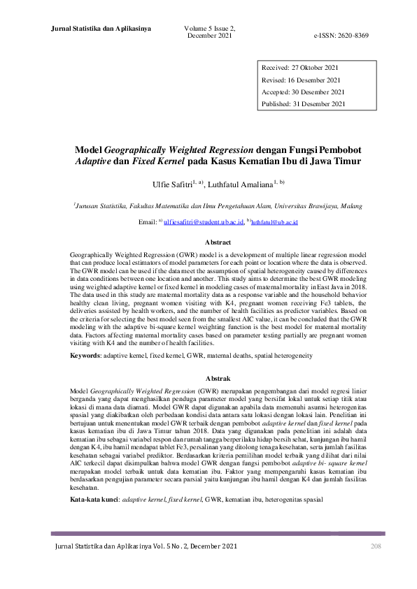 (PDF) Model Geographically Weighted Regression dengan Fungsi Pembobot ...