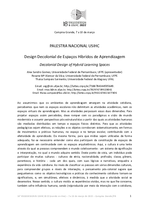 (PDF) Design Decolonial de Espaços Híbridos de Aprendizagem