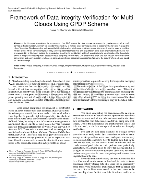 (PDF) Framework of Data Integrity Verification for Multi Clouds Using ...