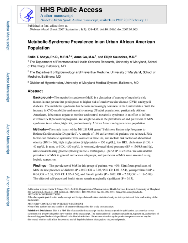 (PDF) Metabolic syndrome prevalence in an urban African American population