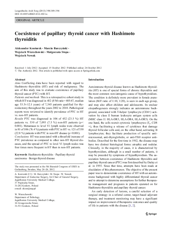 (PDF) Coexistence of papillary thyroid cancer with Hashimoto thyroiditis
