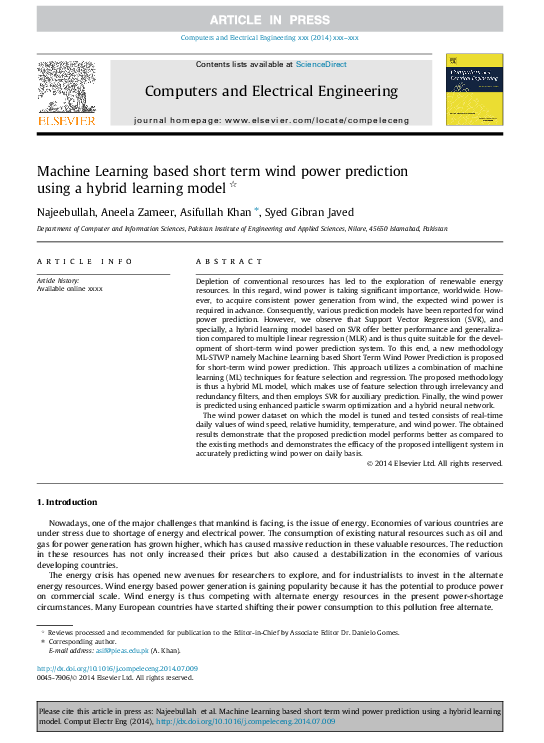 (PDF) Machine Learning based short term wind power prediction using a ...