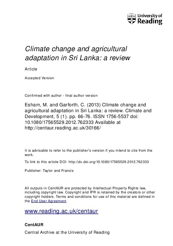 (PDF) Climate change and agricultural adaptation in Sri Lanka: a review