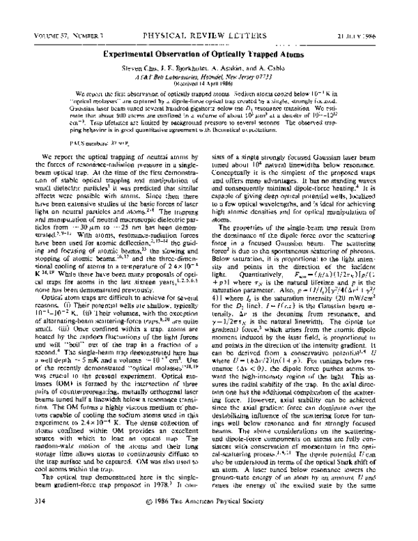 (PDF) Experimental Observation of Optically Trapped Atoms