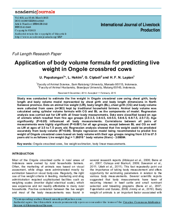(PDF) Application of body volume formula for predicting live weight in ...