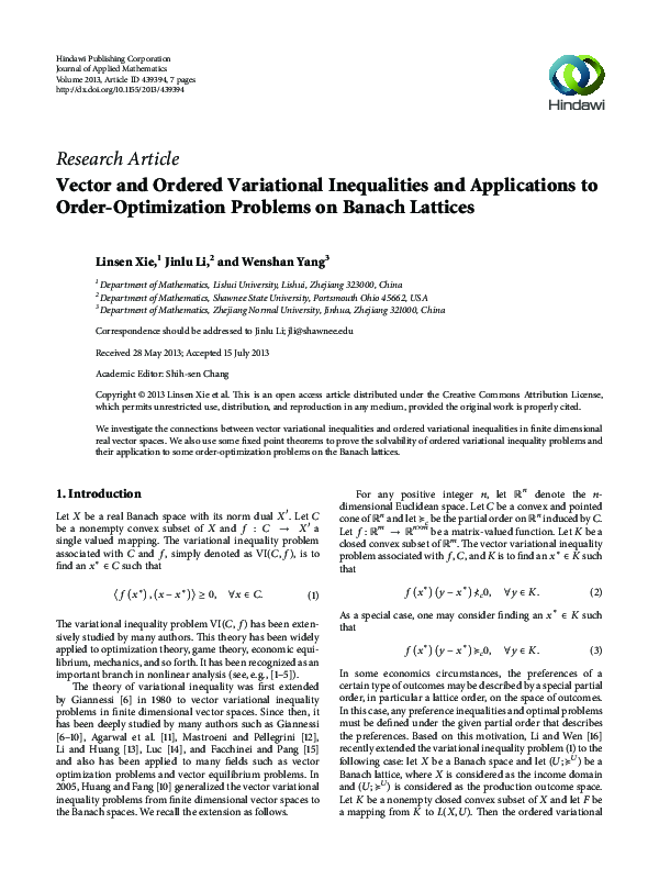 (PDF) Vector and Ordered Variational Inequalities and Applications to ...