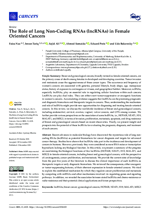 (PDF) The Role of Long Non-Coding RNAs (lncRNAs) in Female Oriented Cancers
