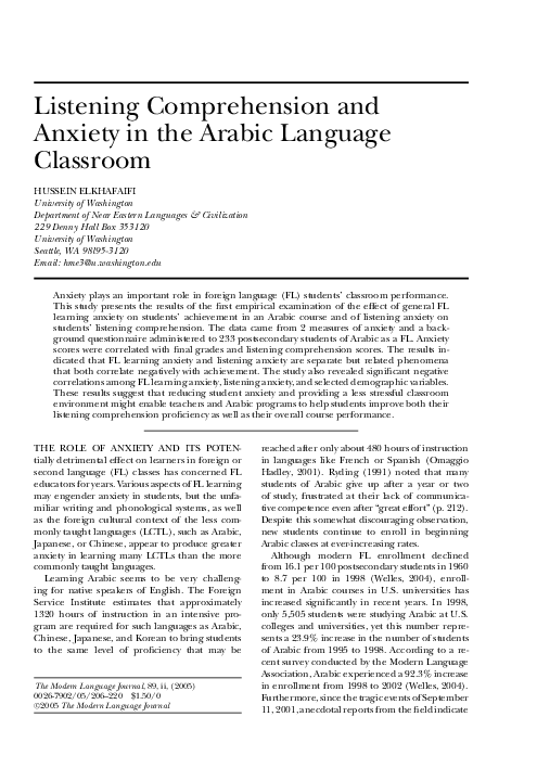 (PDF) Listening Comprehension and Anxiety in the Arabic Language Classroom