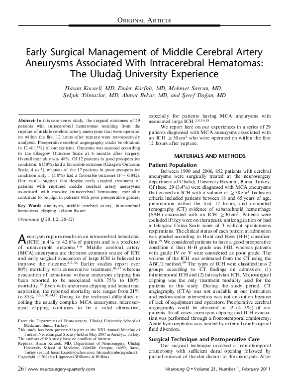 (PDF) Early Surgical Management of Middle Cerebral Artery Aneurysms ...