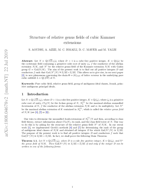 (PDF) Structure of relative genus fields of cubic Kummer extensions