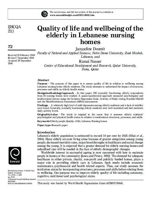 (PDF) Quality of life and wellbeing of the elderly in Lebanese nursing ...