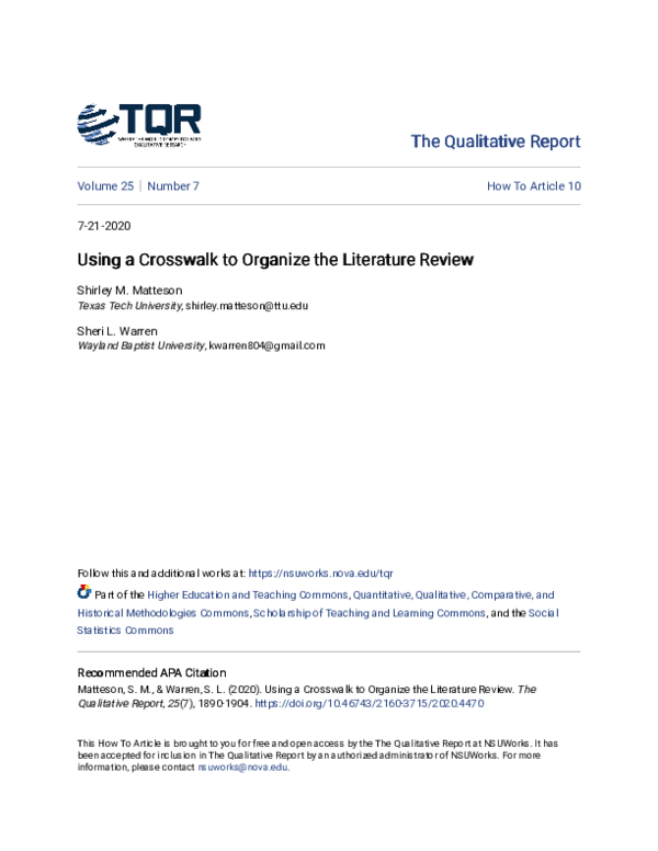 (PDF) Using a Crosswalk to Organize the Literature Review Shirley