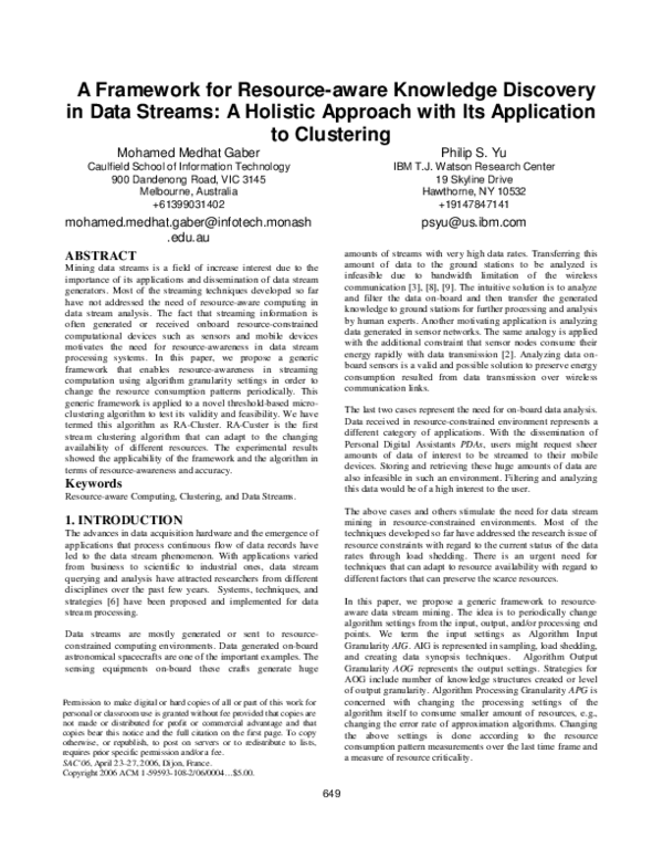 (PDF) A framework for resource-aware knowledge discovery in data streams