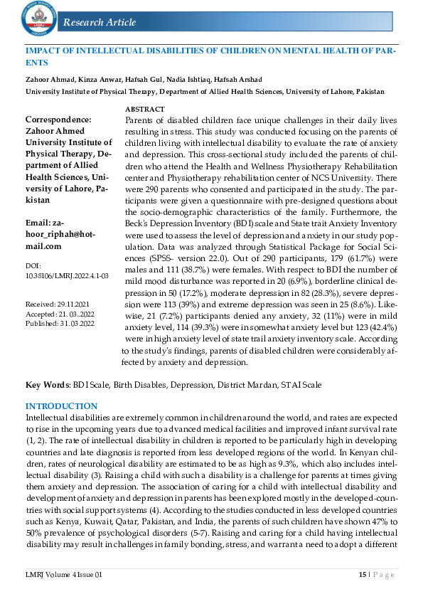 (PDF) Impact of intellectual disabilities of children on mental health ...