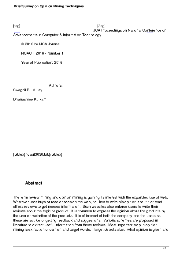 (PDF) Brief Survey on Opinion Mining Techniques