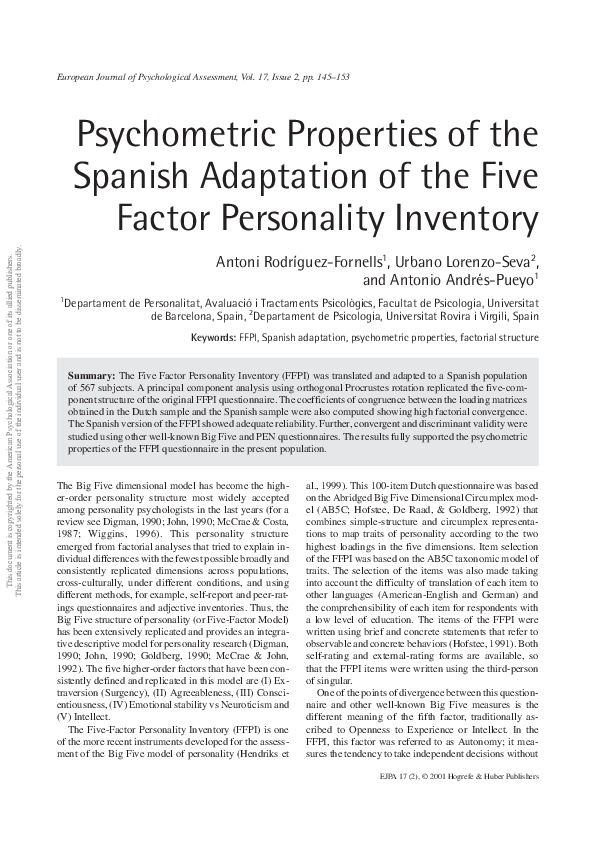 (PDF) Psychometric Properties of the Spanish Adaptation of the Five ...