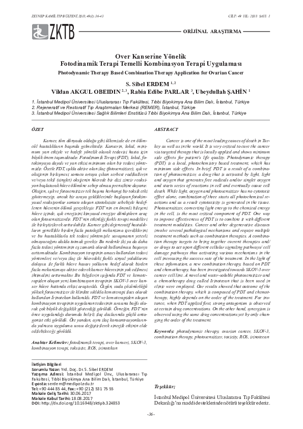 Over Kanseri̇ne Yöneli̇k Fotodi̇nami̇k Terapi̇ Temelli̇ Kombi̇nasyon Terapi̇ Uygulamasi