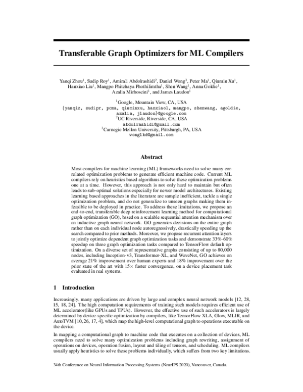(PDF) Transferable Graph Optimizers for ML Compilers