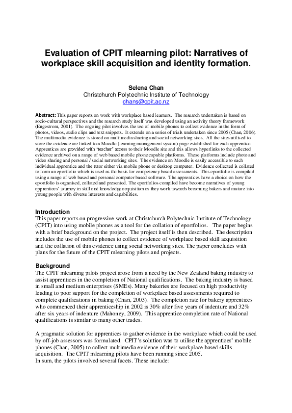 (PDF) Evaluation of CPIT mlearning pilot: Narratives of workplace skill ...