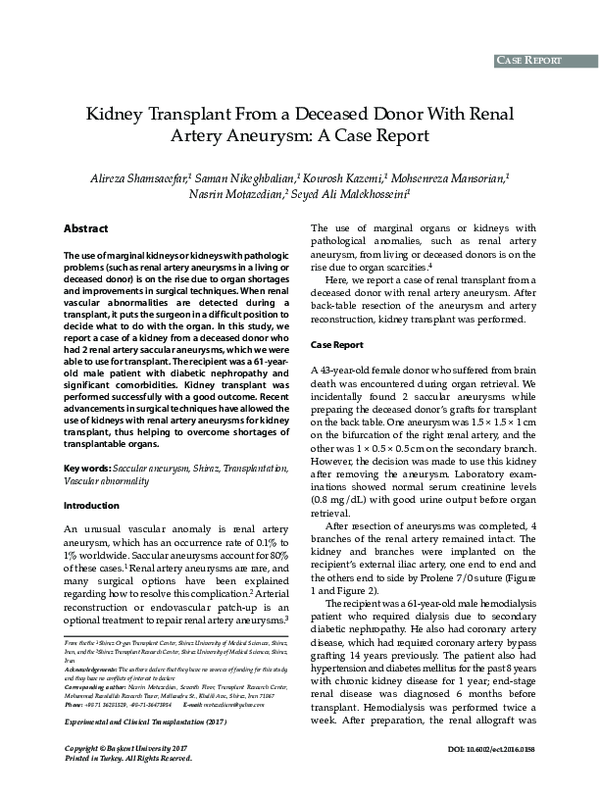 (PDF) Kidney Transplant From a Deceased Donor With Renal Artery ...