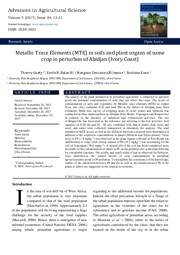 (PDF) Metallic Trace Elements (MTE) in soils and plant organs of some ...