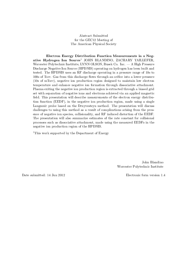 (PDF) Electron Energy Distribution Function Measurements in a Negative ...