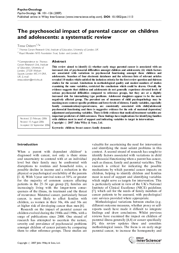 (PDF) The psychosocial impact of parental cancer on children and ...